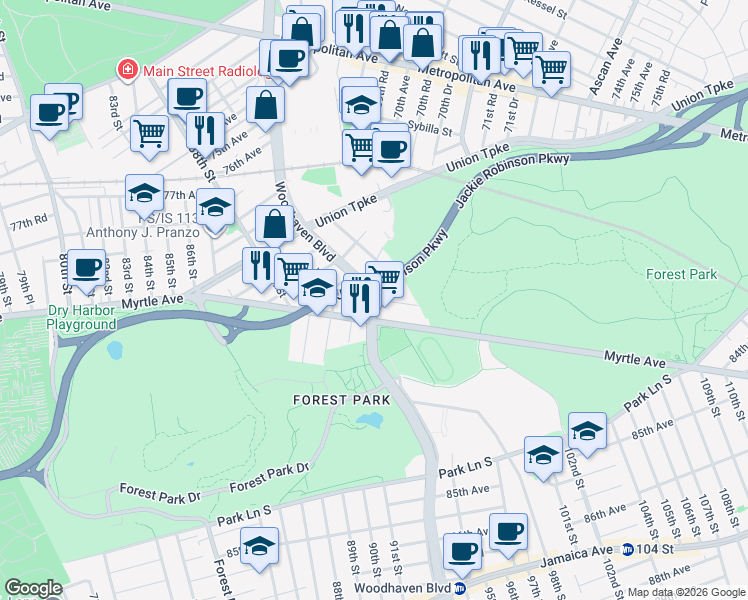 map of restaurants, bars, coffee shops, grocery stores, and more near 81-61 Woodhaven Boulevard in Queens