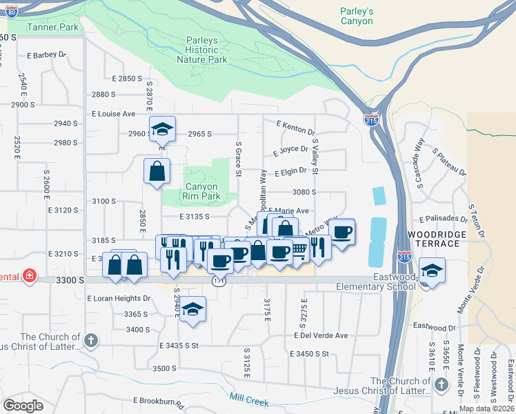 map of restaurants, bars, coffee shops, grocery stores, and more near 3086 South Metropolitan Way in Salt Lake City