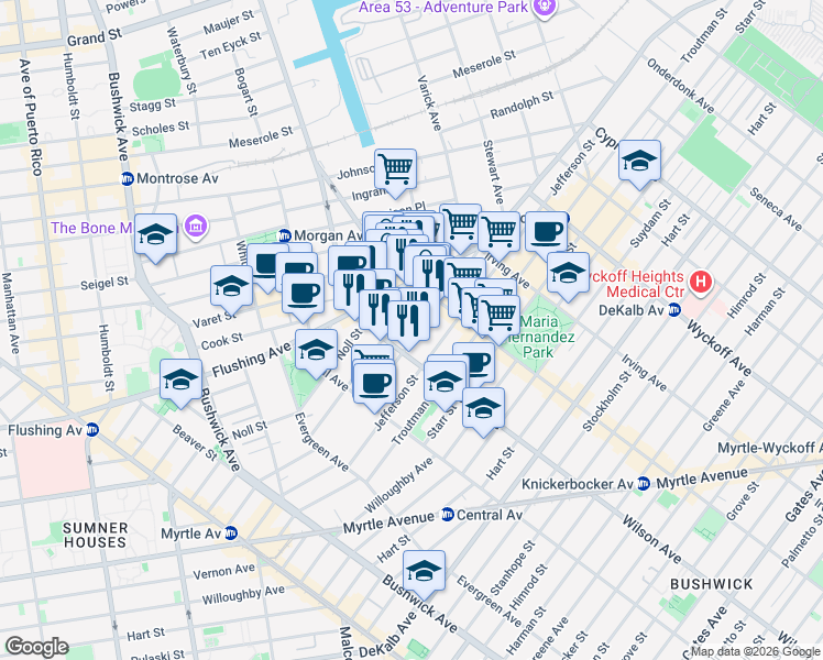 map of restaurants, bars, coffee shops, grocery stores, and more near 319 Melrose Street in Brooklyn