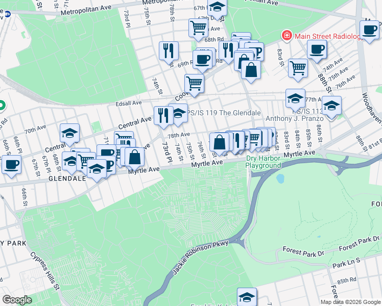 map of restaurants, bars, coffee shops, grocery stores, and more near 78-16 76th Street in Queens