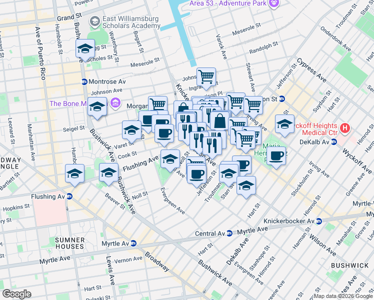 map of restaurants, bars, coffee shops, grocery stores, and more near 151 Noll Street in Brooklyn