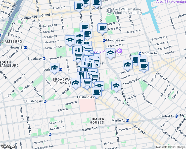 map of restaurants, bars, coffee shops, grocery stores, and more near 91 Varet Street in Brooklyn