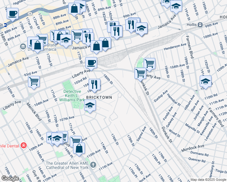 map of restaurants, bars, coffee shops, grocery stores, and more near 177-59 106th Avenue in Queens