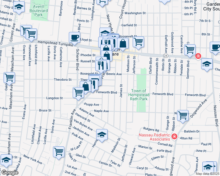 map of restaurants, bars, coffee shops, grocery stores, and more near 947 Plane Avenue in Franklin Square