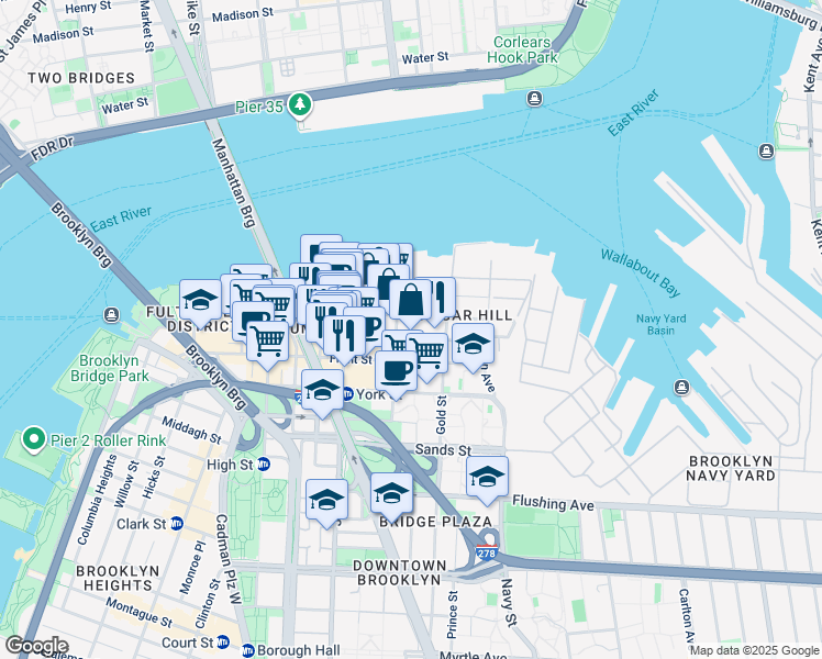 map of restaurants, bars, coffee shops, grocery stores, and more near 23 Bridge Street in Brooklyn