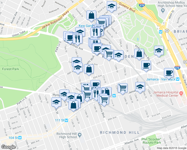 map of restaurants, bars, coffee shops, grocery stores, and more near 84-46 120th Street in Queens