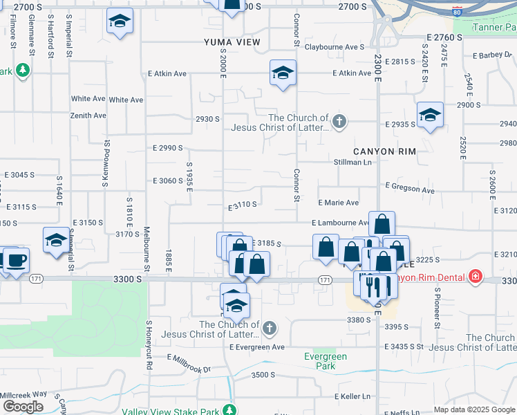 map of restaurants, bars, coffee shops, grocery stores, and more near 2048 Bell Tower Lane South in Salt Lake City