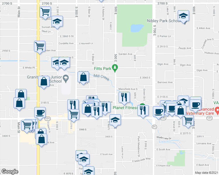 map of restaurants, bars, coffee shops, grocery stores, and more near 3080 500 East in South Salt Lake