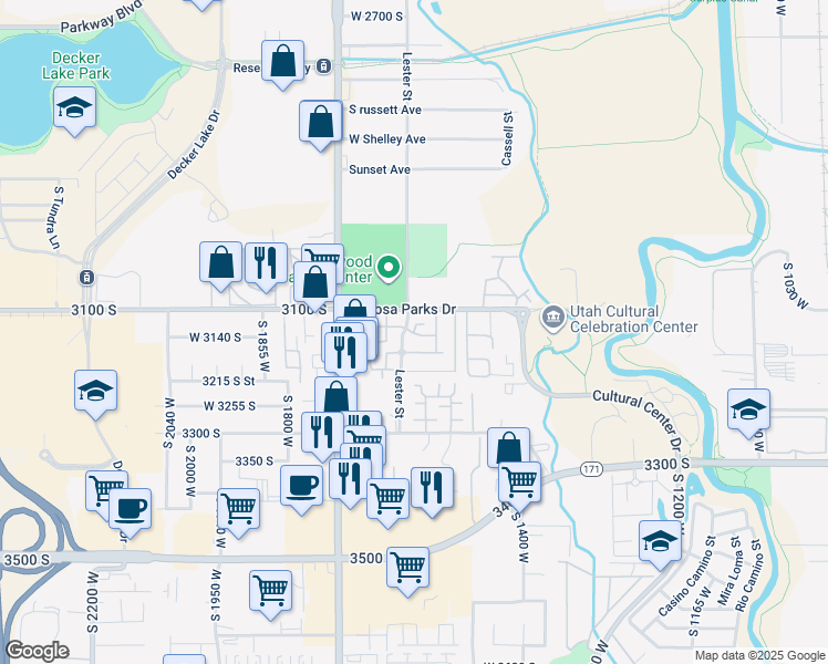 map of restaurants, bars, coffee shops, grocery stores, and more near 1574 Calais Court in West Valley City