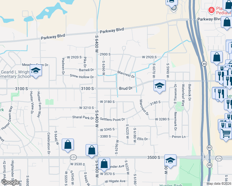 map of restaurants, bars, coffee shops, grocery stores, and more near 3087 Winston Drive West in West Valley City