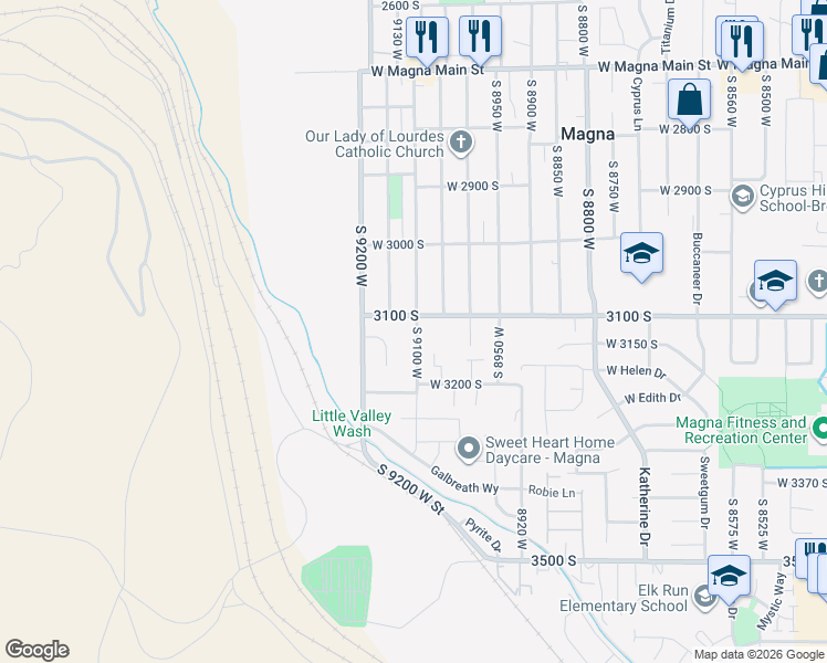 map of restaurants, bars, coffee shops, grocery stores, and more near 9116 3100 South in Magna