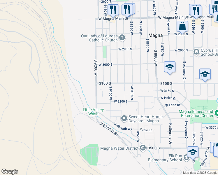 map of restaurants, bars, coffee shops, grocery stores, and more near 9116 3100 South in Magna