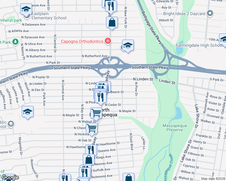 map of restaurants, bars, coffee shops, grocery stores, and more near 115 North Elm Street in Massapequa