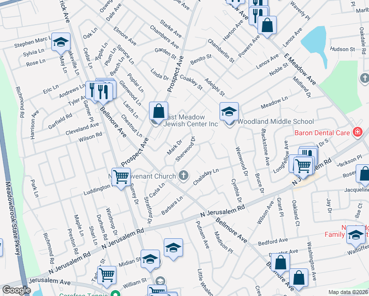 map of restaurants, bars, coffee shops, grocery stores, and more near 1545 Sherwood Drive in East Meadow