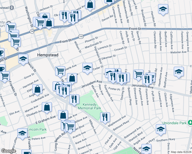 map of restaurants, bars, coffee shops, grocery stores, and more near 10 Cedar Street in Hempstead