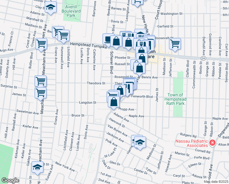 map of restaurants, bars, coffee shops, grocery stores, and more near 1075 Theodora Street in Franklin Square