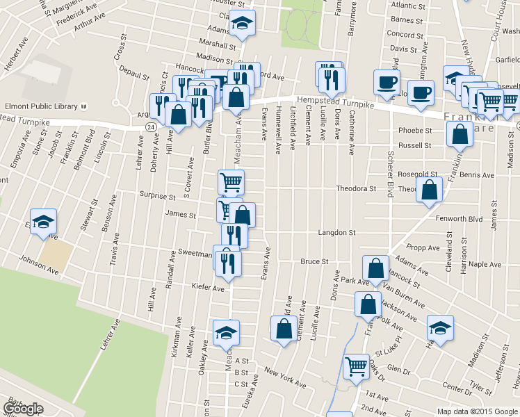 map of restaurants, bars, coffee shops, grocery stores, and more near 1311 Telegram Avenue in Elmont