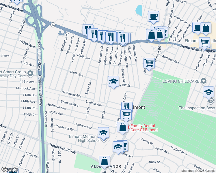 map of restaurants, bars, coffee shops, grocery stores, and more near 207 Waldorf Avenue in Elmont