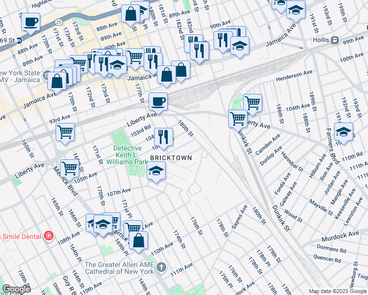 map of restaurants, bars, coffee shops, grocery stores, and more near 177-59 106th Avenue in Queens