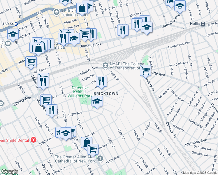 map of restaurants, bars, coffee shops, grocery stores, and more near 177-23 105th Avenue in Queens