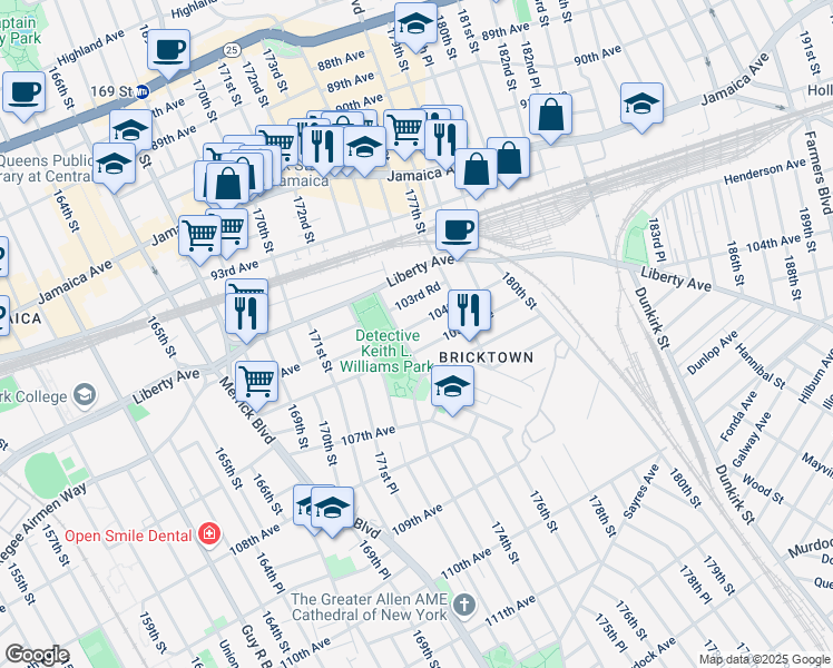 map of restaurants, bars, coffee shops, grocery stores, and more near 173-32 103rd Road in Queens