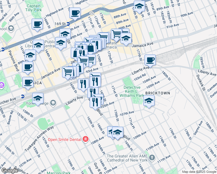 map of restaurants, bars, coffee shops, grocery stores, and more near 170-02 Douglas Avenue in Queens