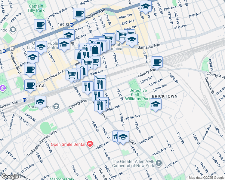 map of restaurants, bars, coffee shops, grocery stores, and more near 170-02 Douglas Avenue in Queens