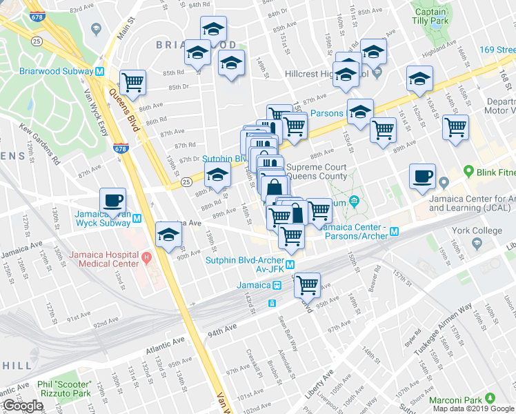 map of restaurants, bars, coffee shops, grocery stores, and more near 8836 Sutphin Boulevard in Queens