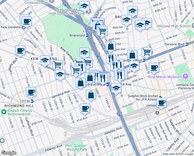 map of restaurants, bars, coffee shops, grocery stores, and more near in Queens