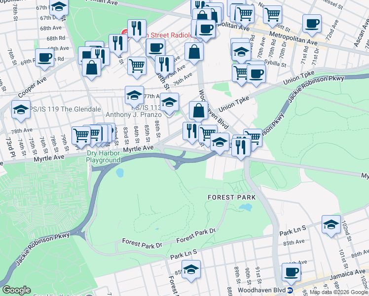 map of restaurants, bars, coffee shops, grocery stores, and more near 87-47 81st Avenue in Queens