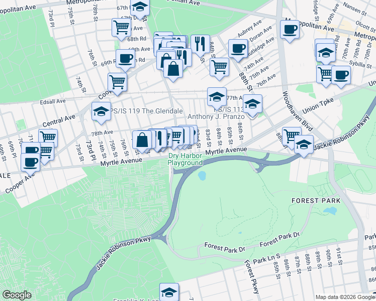 map of restaurants, bars, coffee shops, grocery stores, and more near 78-52 81st Street in Queens
