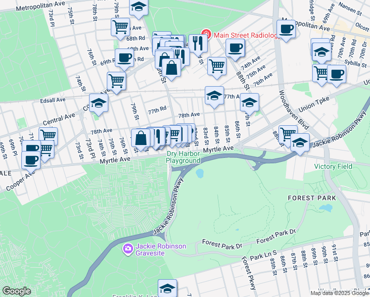 map of restaurants, bars, coffee shops, grocery stores, and more near 78-52 81st Street in Queens