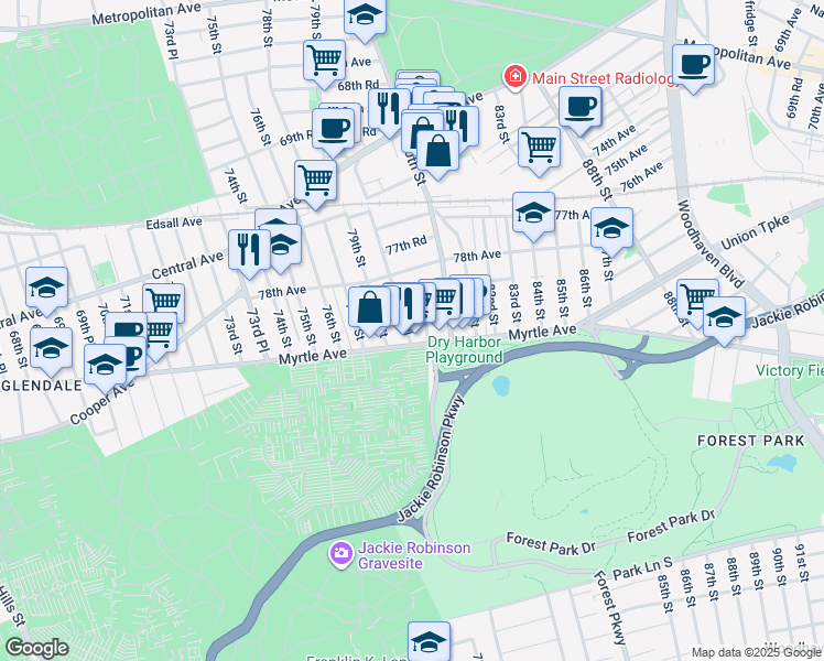 map of restaurants, bars, coffee shops, grocery stores, and more near 78-30 79th Place in Queens