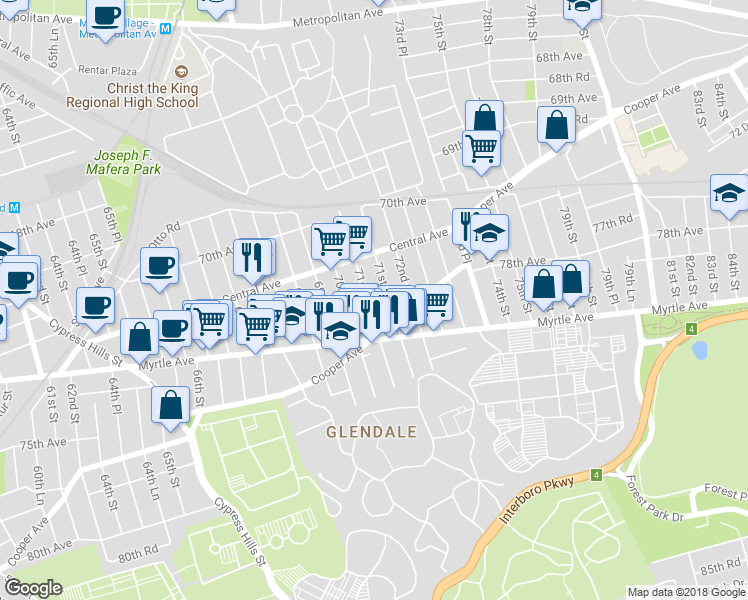 map of restaurants, bars, coffee shops, grocery stores, and more near 71-20 71st Street in Queens