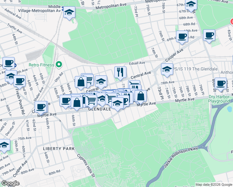 map of restaurants, bars, coffee shops, grocery stores, and more near 71-03 69th Place in Queens