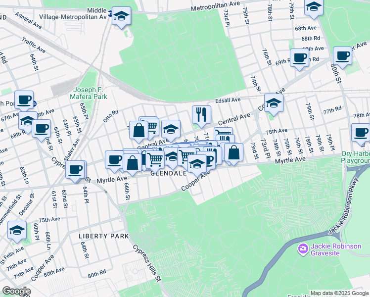 map of restaurants, bars, coffee shops, grocery stores, and more near 71-03 69th Place in Queens