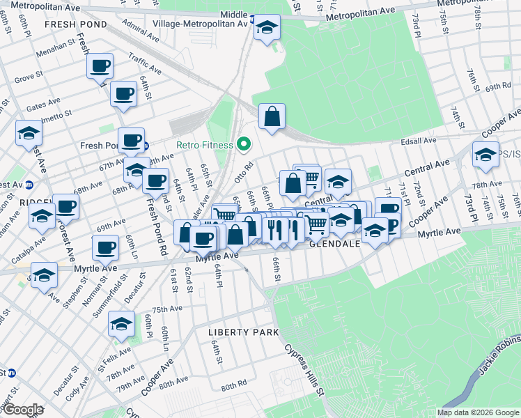 map of restaurants, bars, coffee shops, grocery stores, and more near 70-12 66th Place in Queens