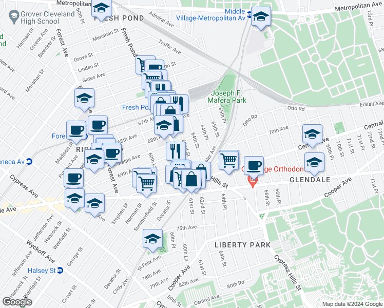 map of restaurants, bars, coffee shops, grocery stores, and more near 6865 Fresh Pond Road in Queens