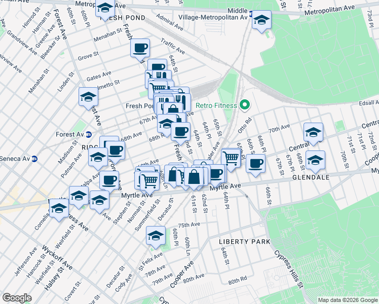 map of restaurants, bars, coffee shops, grocery stores, and more near 6865 Fresh Pond Road in Queens