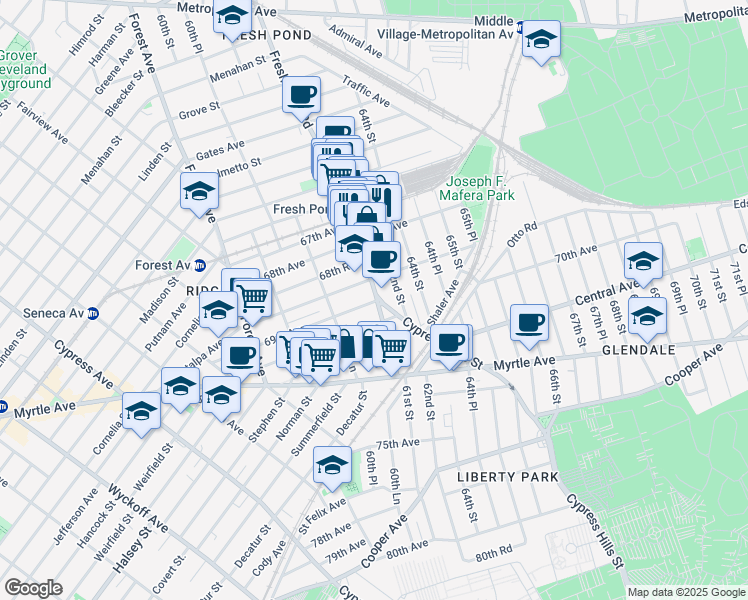 map of restaurants, bars, coffee shops, grocery stores, and more near 68-39 Fresh Pond Road in Queens