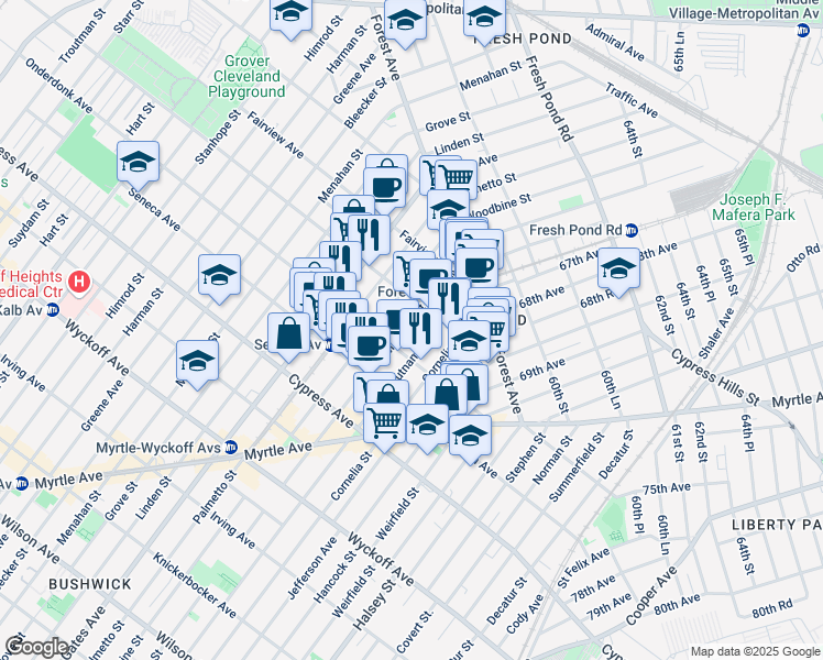 map of restaurants, bars, coffee shops, grocery stores, and more near 18-84 Woodbine Street in Queens