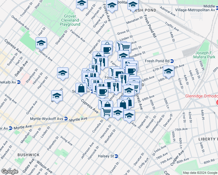map of restaurants, bars, coffee shops, grocery stores, and more near 18-84 Woodbine Street in Queens