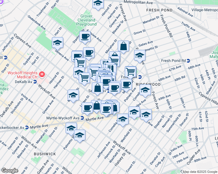 map of restaurants, bars, coffee shops, grocery stores, and more near 1827 Gates Avenue in Queens