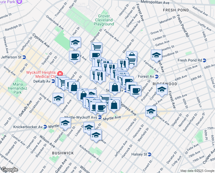 map of restaurants, bars, coffee shops, grocery stores, and more near 17-38 Menahan Street in Queens