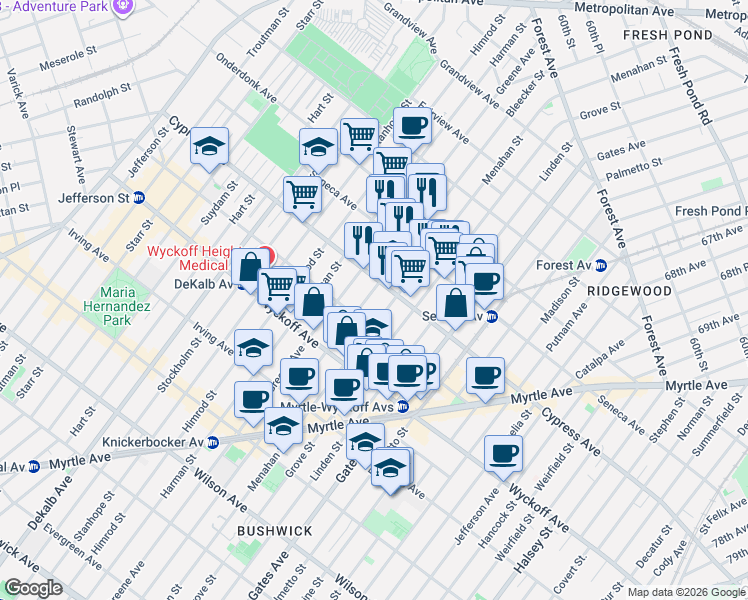 map of restaurants, bars, coffee shops, grocery stores, and more near 236 Cypress Avenue in Brooklyn