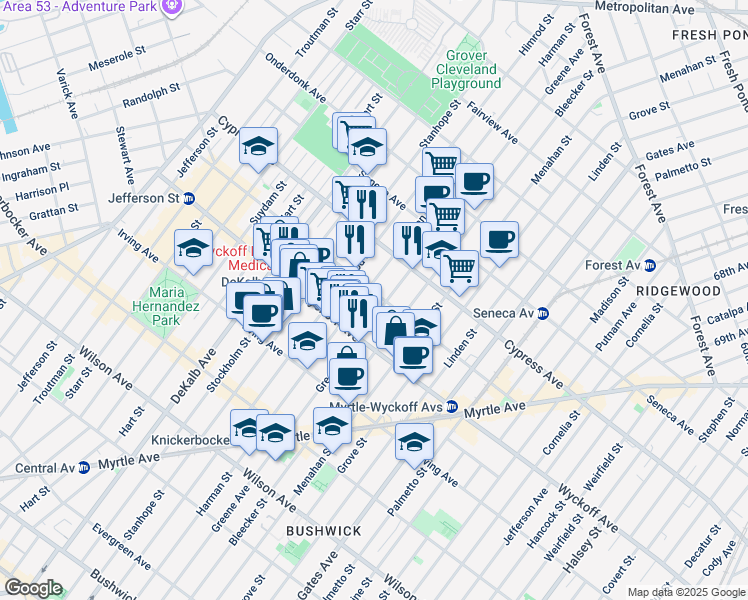 map of restaurants, bars, coffee shops, grocery stores, and more near 187 Saint Nicholas Avenue in Brooklyn
