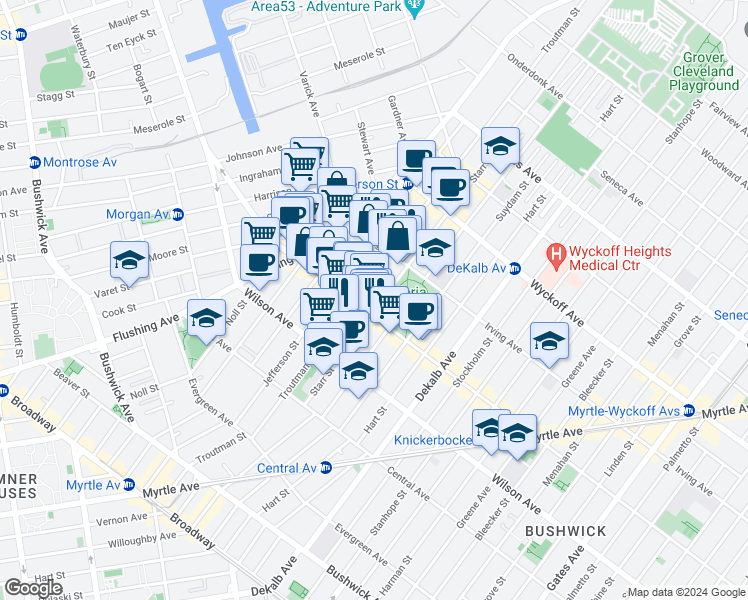 map of restaurants, bars, coffee shops, grocery stores, and more near 272 1/2 Jefferson Street in Brooklyn
