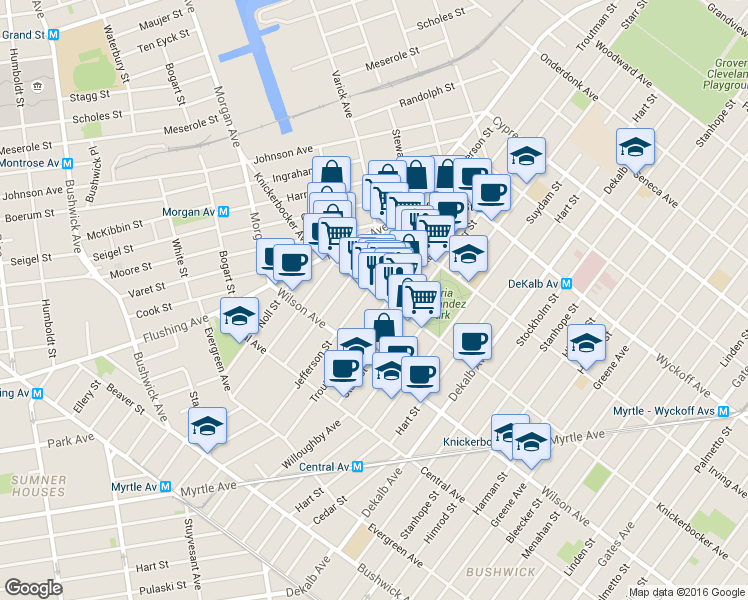 map of restaurants, bars, coffee shops, grocery stores, and more near 272 1/2 Jefferson Street in Brooklyn