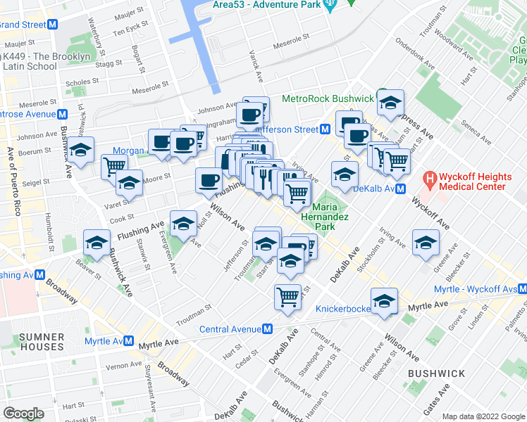 map of restaurants, bars, coffee shops, grocery stores, and more near 172 Knickerbocker Avenue in Brooklyn