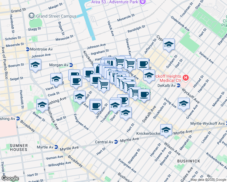 map of restaurants, bars, coffee shops, grocery stores, and more near 172 Knickerbocker Avenue in Brooklyn